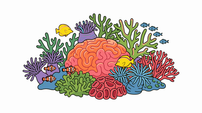 A colorful cartoon illustration of a brain surrounded by vibrant coral reef and marine life