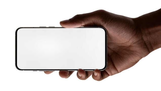 Hand holding modern smartphone horizontally with blank screen