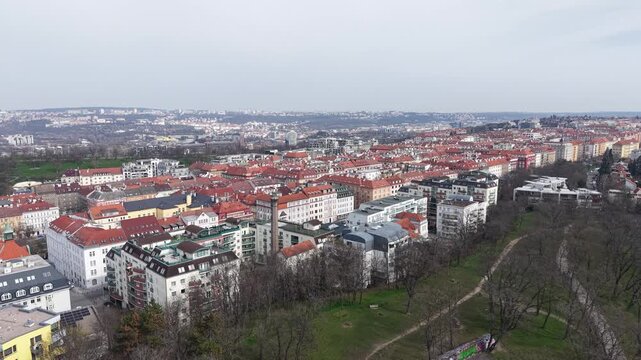 Drone Aerial View of Karlin Neighborhood Under Vitkov Hill in Prague Czech Republic