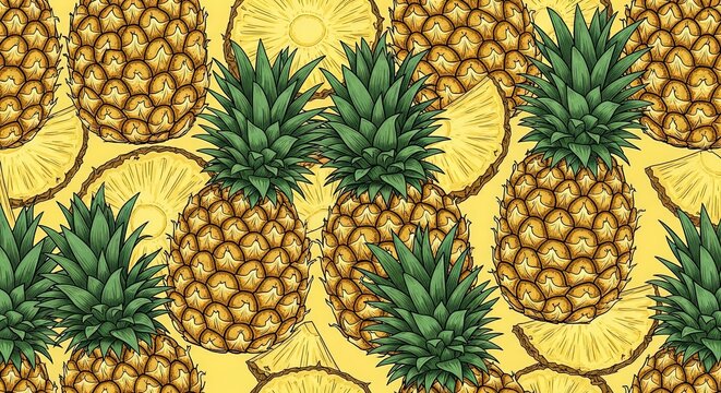 Seamless pattern with hand drawn pineapples and slices on yellow background.