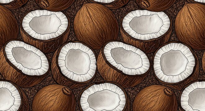 Seamless pattern featuring many halved coconuts with white flesh and brown textured shells.