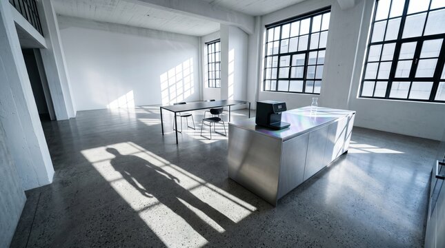 Minimalist Urban Loft Kitchen with Dramatic Lighting and Human Shadow