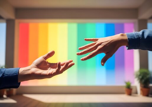 Reaching Hands Against Rainbow Background Symbolizing Connection and Support