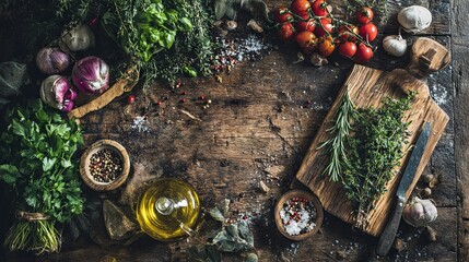 A rustic kitchen table set with fresh ingredients, aromatic herbs, spices, olive oil, a cutting board, and a variety of vegetables, reflecting the moment of cooking with natural textures 