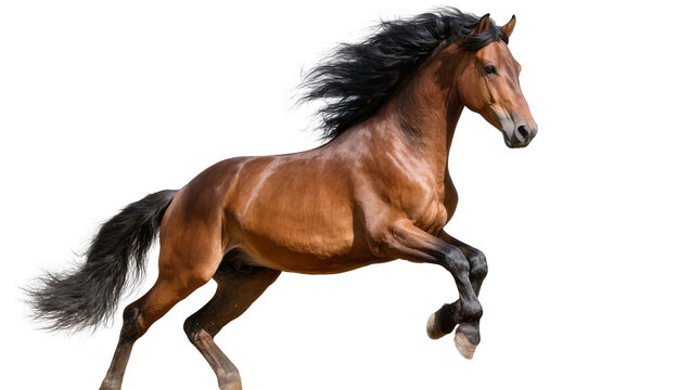 Brown horse with black mane and tail galloping dynamically
