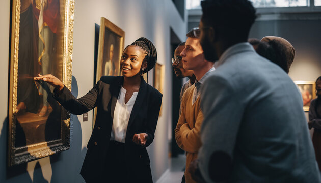 A smiling female museum guide points to a framed oil painting while leading a diverse group of adults on a guided tour.