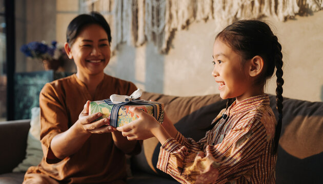 A smiling older woman gives a wrapped present with a white bow to a happy young girl indoors, possibly family.