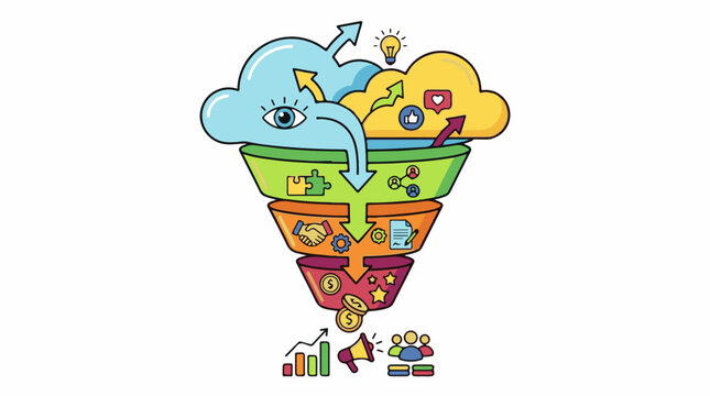 A funnel illustration with colorful sections and icons representing business or marketing process