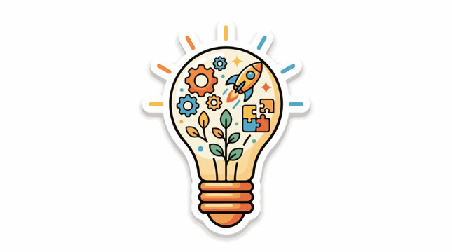 A colorful lightbulb with gears and plant