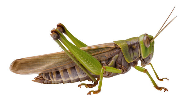 Green grasshopper insect with brown wings and segmented body