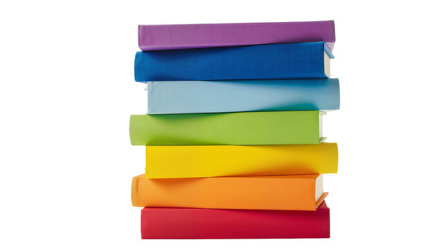 Stack of seven colorful hardcover books