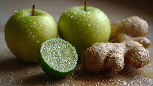 Green apples, limes, and ginger root arranged on a wooden surface with droplets of water present in a kitchen setting during daylight hours