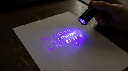Hand writing invisible message on paper with ultraviolet flashlight under dim lighting © Vector Vision