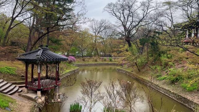 Rainy day moment at Seoul Secret Garden near Aeryeonji pond where traditional Korean pavilion rests beside a quiet pond.