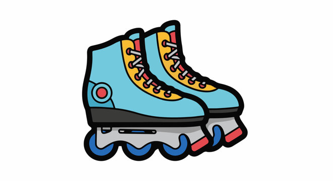 A cartoon-style illustration of a pair of blue rollerblades