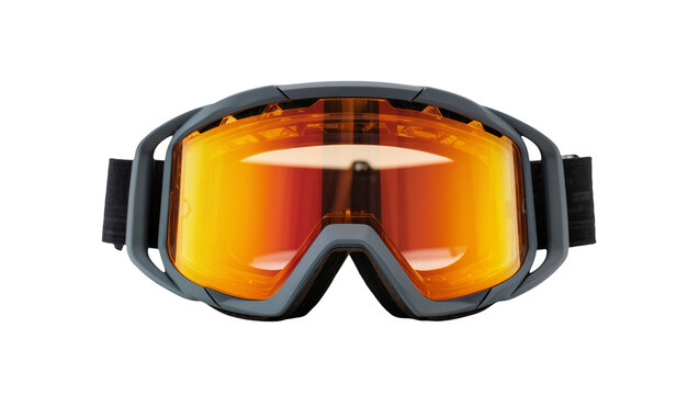 Gray ski goggles with orange reflective lenses and black strap
