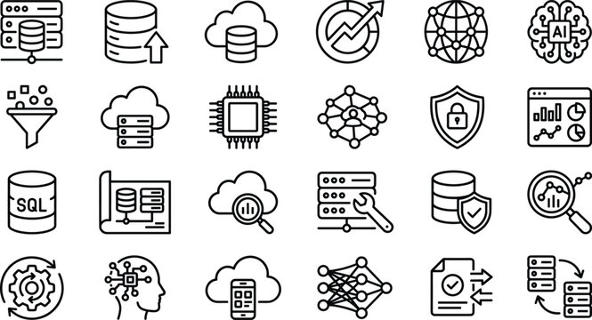 Big data analytics artificial intelligence and cloud computing database line icon set vector illustration.