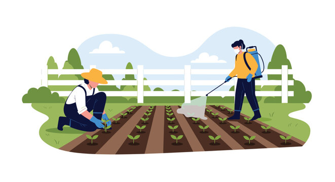 Farmers working in an agricultural field with one person planting crops and another using a backpack sprayer for pest control.