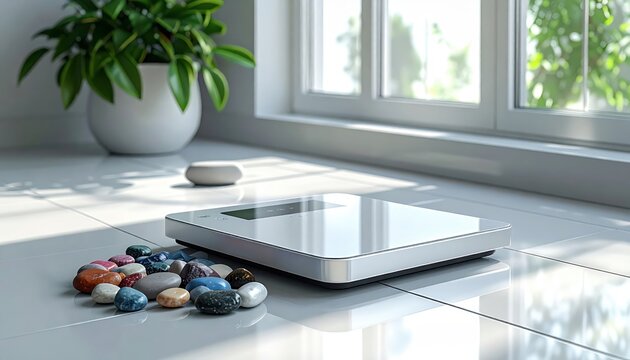 Digital bathroom scale with colorful stones.