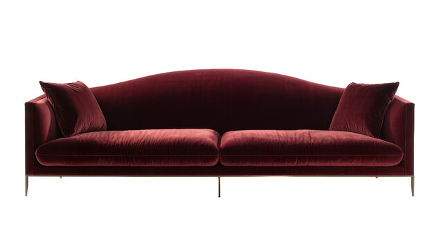 Deep red velvet sofa with curved back and two plush pillows