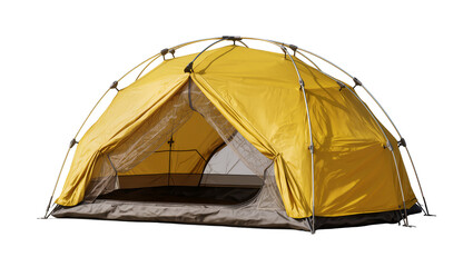 Yellow dome camping tent with mesh windows and poles © Emma