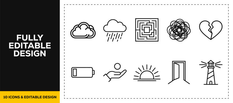 flat vector illustration line art icon bundle set design representing stress emotion mental state mind depression anxiety headache confusion problem brain psychology app