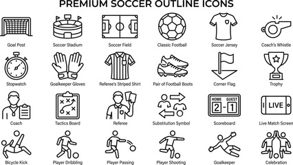 Premium soccer outline icons set featuring football equipment players and referee symbols for sports design. © Nayan