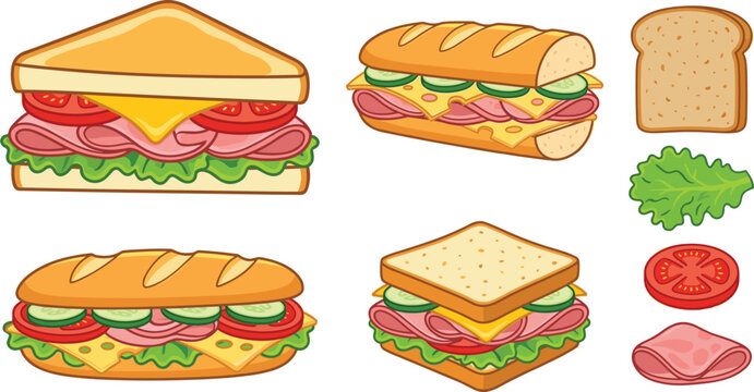 Sandwich Collection Vector Set with Ham, Cheese, Lettuce, and Fresh Ingredients for Fast Food Illustrations