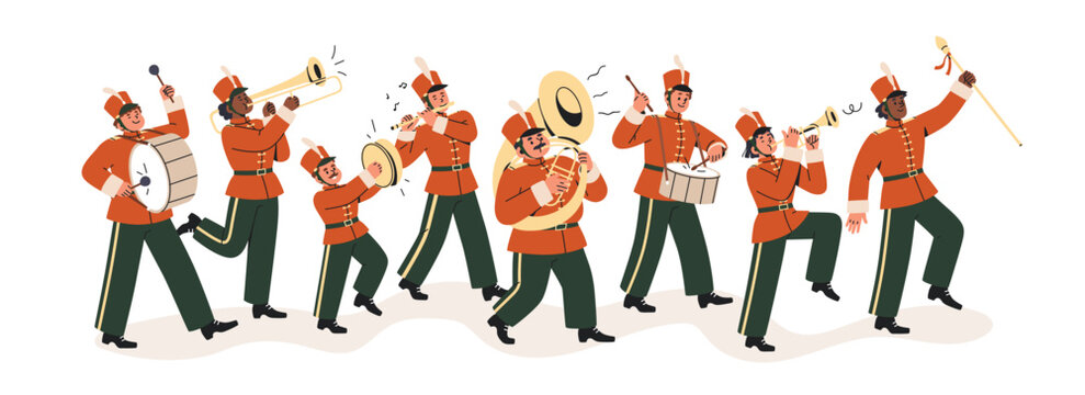 Marching band playing music instruments, walking. Military parade with army musicians, orchestra players in red uniform, hats with plumes. Flat vector illustration isolated on white background