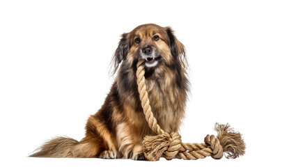 Medium-haired dog sitting and holding a thick rope in its mouth © Leon