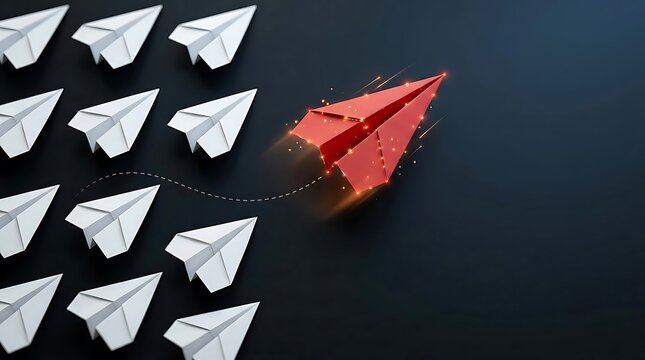 Red paper airplane leads a group of white paper airplanes forward, symbolizing leadership, innovation, and standing out from the crowd.