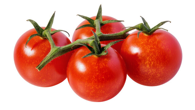 Four ripe red tomatoes on a green vine stem