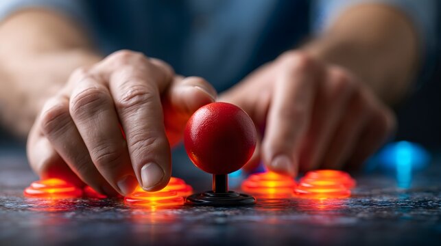 Hands on a retro arcade joystick and buttons