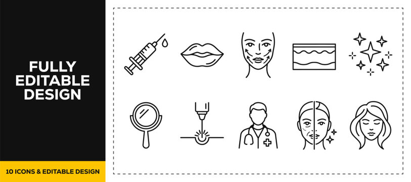 flat vector illustration line art icon bundle set design about plastic surgery cosmetic beauty botox injection face lift lips contouring dermatology aesthetics salon ui