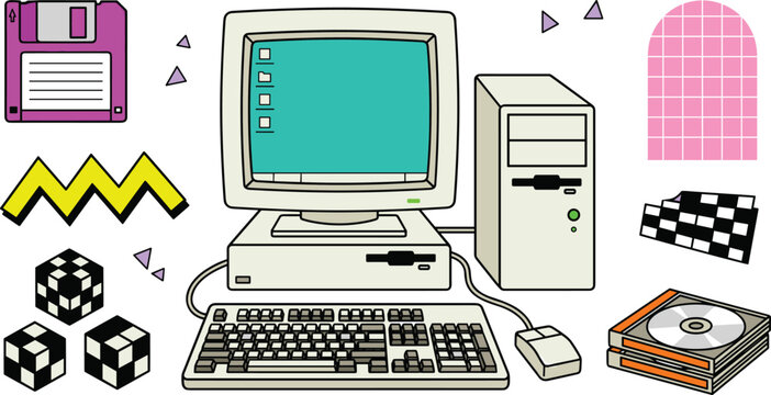Retro Old Desktop Computer Vector Illustration Set with Floppy Disk, CD Rom, Keyboard, Mouse, and Vaporwave Memphis Geometric Elements for Nostalgic 90s Designs