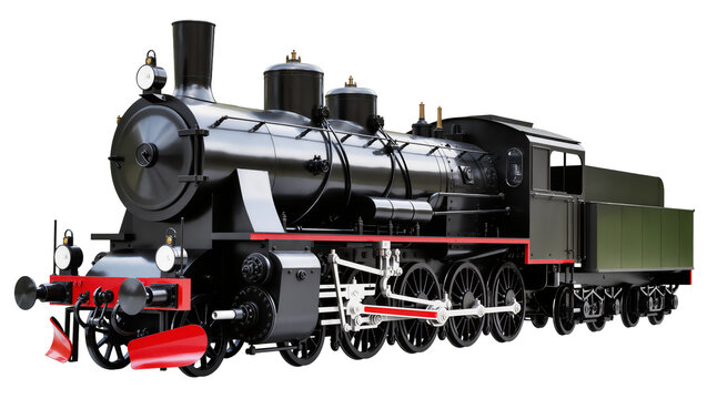 Black steam locomotive with red accents and green tender