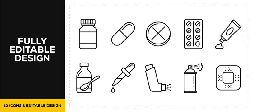 flat vector illustration line art icon bundle set design of asthma inhaler allergy breathing lungs disease treatment medicine health care pharmacy respiratory drop pill ui