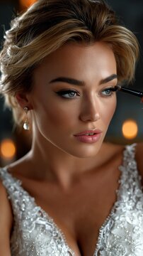A stunning woman with blonde hair receives precise eye makeup application against a softly blurred background, highlighting beauty and elegance.