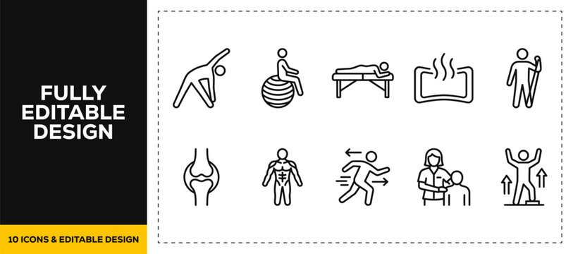 flat vector illustration line art icon bundle set design showing physiotherapy rehab massage bone joint recovery exercise physical therapy clinic health care medical app