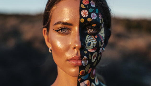 Close-up portrait of a woman with half her face artistically painted in dark colors with vibrant patterns outdoors.