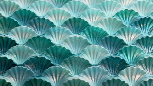 Repeating pattern of teal and seafoam green scallop shells arranged in overlapping rows creating a textured aquatic background