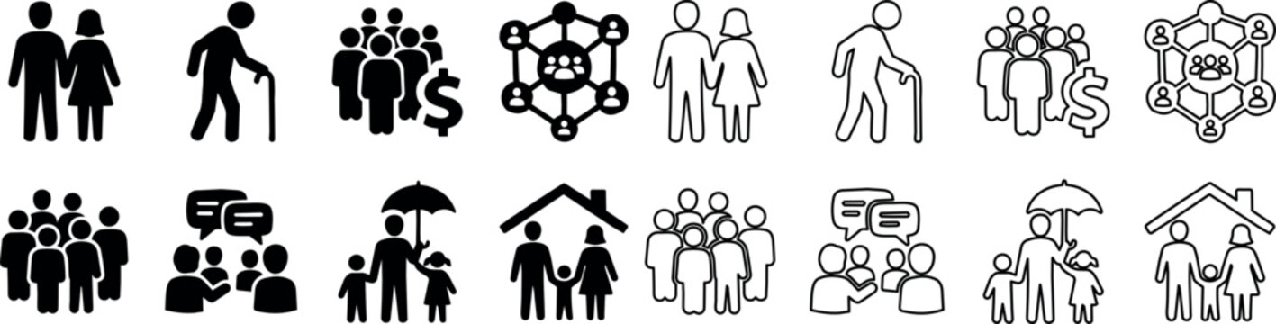 Senior care and elderly support icons including family, community, and housing symbols