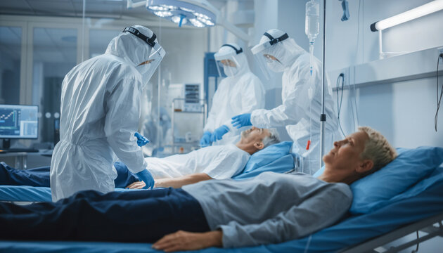 Medical staff in full protective gear attend to patients lying on hospital beds in a brightly lit, modern intensive care unit setting.