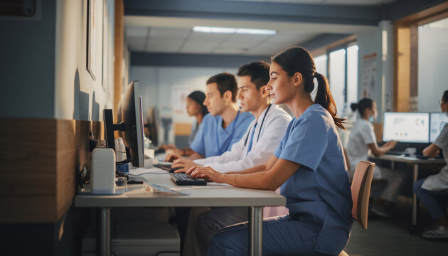 Several medical professionals in scrubs and lab coats work diligently on desktop computers, seated in a well-lit clinical or office environment.