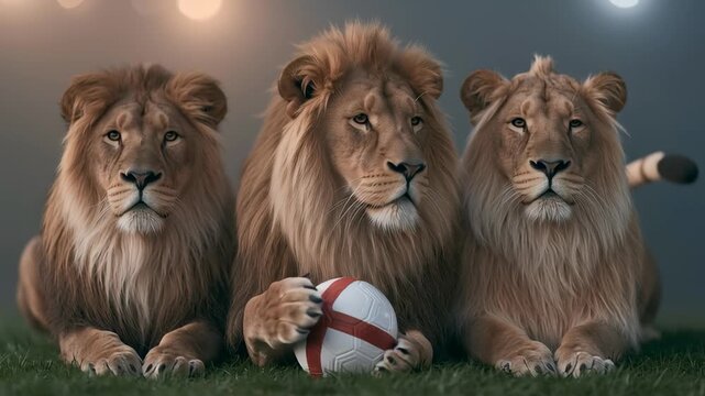 Three majestic male lions side by side on a football pitch inside a stadium under bright floodlights representing England soccer