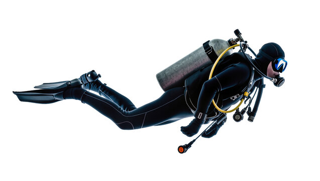 Scuba diver in black wetsuit with oxygen tank and fins swimming
