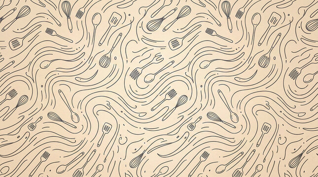 Abstract pattern of kitchen utensils, minimalist icons on beige.