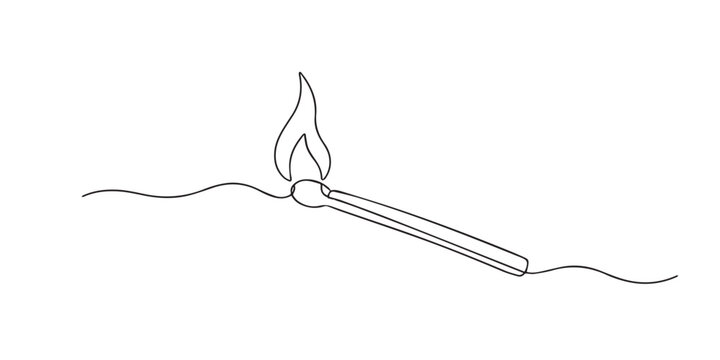 One continuous line drawing of burning wooden match. Abstract single line art of flame and ignition concept.