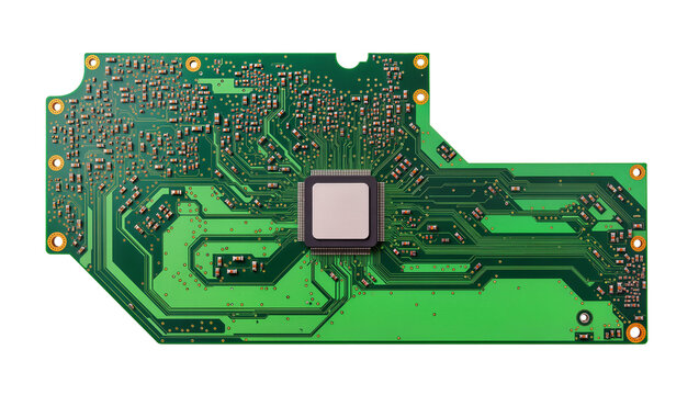 Green printed circuit board with central square chip and many small components