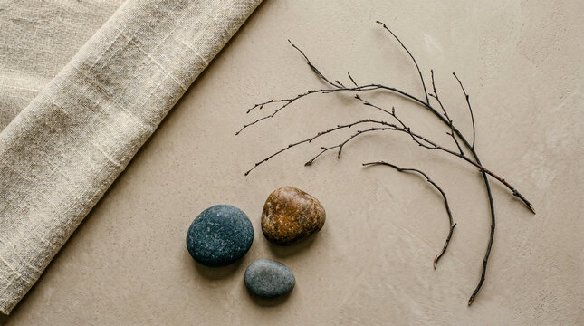 Minimalist composition of river stones and twigs on linen.